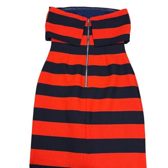 NWT LAVISH ALICE Bandeau Strapless Midi Fitted Dress Sz 4 Orange Navy Striped - Picture 6 of 7